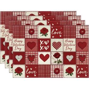 Artoid Mode Buffalo Plaid Love Hearts Valentine Placemats Set of 4, 12×18 Inch Anniversary Wedding Table Mats for Party Kitchen Dining Decoration