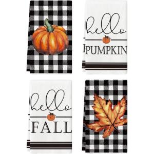 Artoid Mode Buffalo Plaid Pumpkin Hello Fall Kitchen Towels Dish Towels, 18×26 Inch Decoration Hand Towels Set of 4(Black)