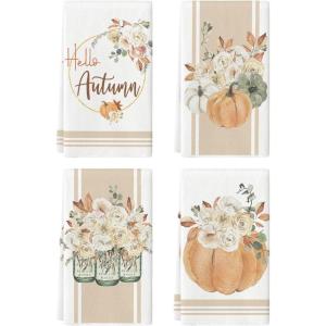 Artoid Mode Fall Pumpkin Flower Vases Kitchen Towels Dish Towels, 18×26 Inch Seasonal Autumn Thanksgiving Ultra Absorbent Bar Tea Hand Towel Set of 4
