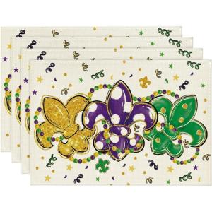 Artoid Mode Fleur De Lis Carnival Mardi Gras Placemats Set of 4, 12×18 Inch Seasonal Spring Holiday Table Mats for Party Kitchen Dining Decoration(Beige)