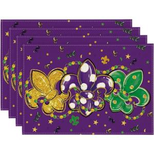 Artoid Mode Fleur De Lis Carnival Mardi Gras Placemats Set of 4, 12×18 Inch Seasonal Spring Holiday Table Mats for Party Kitchen Dining Decoration(Purple)