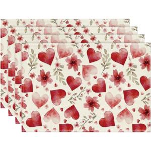 Artoid Mode Hearts Floral Sweet Valentine’s Placemats Set of 4, 12×18 Inch Wedding Anniversary Spring Table Mats for Party Dining Decoration