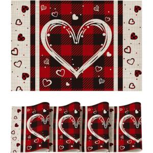 Artoid Mode Hearts Vinyl Valentine’s Day Placemats Set of 4, 12×18 Inch Wipeable Non-Slip PVC Place Mats for Party Kitchen Dining Decor(Red)