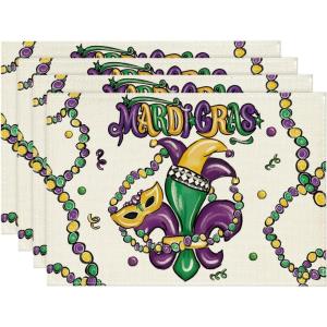 Artoid Mode Iris Jewelry Carnival Mardi Gras Placemats Set of 6, 12×18 Inch Seasonal Festival Holiday Table Mats for Party Kitchen Dining Decoration(Beige)