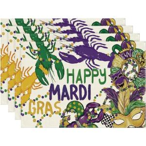 Artoid Mode Iris Lobster Mask Happy Mardi Gras Placemats Set of 4, 12×18 Inch Seasonal Spring Holiday Table Mats for Party Kitchen Dining Decoration