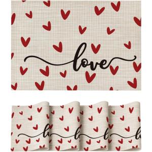 Artoid Mode Love Vinyl Valentine’s Day Placemats Set of 4, 12×18 Inch Wipeable Non-Slip PVC Place Mats for Party Kitchen Dining Decor(Beige)