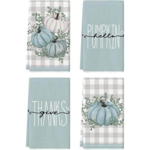 Artoid Mode Orange Eucalyptus Leaves Hello Pumpkin Fall Kitchen Towels Dish Towels, 18×26 Inch Farmhouse Give Thanks Decoration Hand Towels Set of 4(Blue)