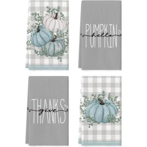 Artoid Mode Orange Eucalyptus Leaves Hello Pumpkin Fall Kitchen Towels Dish Towels, 18×26 Inch Farmhouse Give Thanks Decoration Hand Towels Set of 4(Grey)