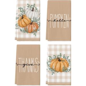 Artoid Mode Orange Eucalyptus Leaves Hello Pumpkin Fall Kitchen Towels Dish Towels, 18×26 Inch Farmhouse Give Thanks Decoration Hand Towels Set of 4(Orange)