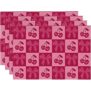 Artoid Mode Pink Buffalo Plaid Cherry Bows Valentine Placemats Set of 4, 12×18 Inch Anniversary Table Mats for Party Kitchen Dining Decoration