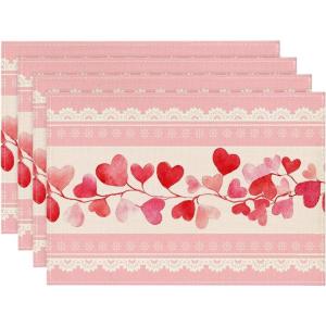 Artoid Mode Pink Love Hearts Valentine Placemats Set of 4, 12×18 Inch Anniversary Table Mats for Party Kitchen Dining Decoration