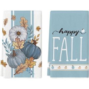 Artoid Mode Pink Stripes Pumpkin Happy Fall Kitchen Towels Dish Towels, 18×26 Inch Farmhouse Maple Leaves Decoration Hand Towels Set of 2(Blue)