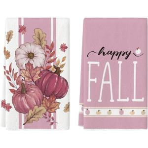 Artoid Mode Pink Stripes Pumpkin Happy Fall Kitchen Towels Dish Towels, 18×26 Inch Farmhouse Maple Leaves Decoration Hand Towels Set of 2(Pink)