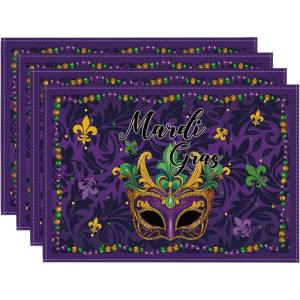 Artoid Mode Purple Mask Beads Mardi Gras Placemats Set of 4, 12×18 Inch Seasonal Carnival Holiday Table Mats for Party Kitchen Dining Decoration(Purple)
