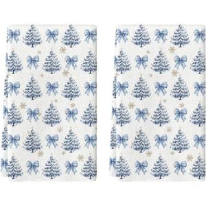 Artoid Mode Red Bowknot Xmas Tree Christmas Kitchen Towels Dish Towels, 18×26 Inch Farmhouse Snowflake Winter Decoration Cleaning Set of 2(Blue)