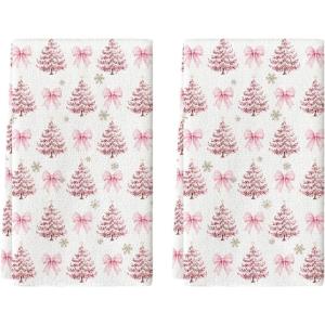 Artoid Mode Red Bowknot Xmas Tree Christmas Kitchen Towels Dish Towels, 18×26 Inch Farmhouse Snowflake Winter Decoration Cleaning Set of 2(Pink)