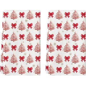 Artoid Mode Red Bowknot Xmas Tree Christmas Kitchen Towels Dish Towels, 18×26 Inch Farmhouse Snowflake Winter Decoration Cleaning Set of 2(Red)