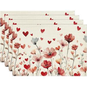 Artoid Mode Red Floral Valentine Round Valentine Placemats Set of 4, 14 Inch Wedding Anniversary Table Mats for Dining Decoration(Beige)