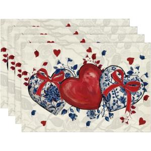 Artoid Mode Red Heart Love Valentine Placemats Set of 4, 12×18 Inch Wedding Anniversary Table Mats for Party Kitchen Dining Decoration