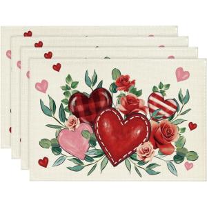 Artoid Mode Red Love Hearts Rose Valentine Placemats Set of 4, 12×18 Inch Seasonal Anniversary Holiday Table Mats for Party Kitchen Dining Decoration(Beige)
