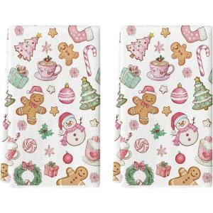 Artoid Mode Red Snowman Xmas Tree Gingerbread Christmas Kitchen Towels Dish Towels, 18×26 Inch Farmhouse Candy Winter Decoration Cleaning Set of 2(Pink)