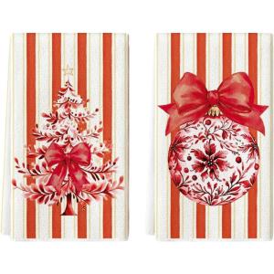 Artoid Mode Red Stripe Xmas Tree Christmas Kitchen Towels Dish Towels, 18×26 Inch Farmhouse Ornaments Winter Decoration Cleaning Set of 2(Red)