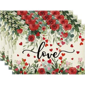 Artoid Mode Rose Hearts Love Valentine’s Placemats Set of 4, 12×18 Inch Wedding Anniversary Spring Table Mats for Party Dining Decoration