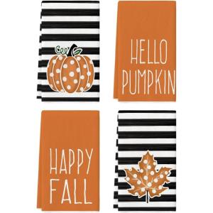 Artoid Mode Stripes Polka Dot Hello Pumpkin Fall Kitchen Towels Dish Towels, 18×26 Inch Farmhouse Maple Leaves Decoration Hand Towels Set of 4