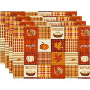 Artoid Mode Turkey Leaves Harvest Thanksgiving Placemats Set of 4, 12×18 Inch Seasonal Table Mats for Party Kitchen Dining Decoration