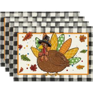 Artoid Mode Turkey Thanksgiving Placemats Set of 4, 12×18 Inch Fall Harvest Buffalo Plaid Table Mats for Party Kitchen Dining Decoration