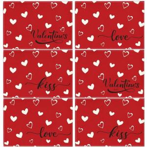 Artoid Mode White Red Heart Valentine Placemats Set of 6, 12×18 Inch Wedding Anniversary Table Mats for Party Kitchen Dining Decoration
