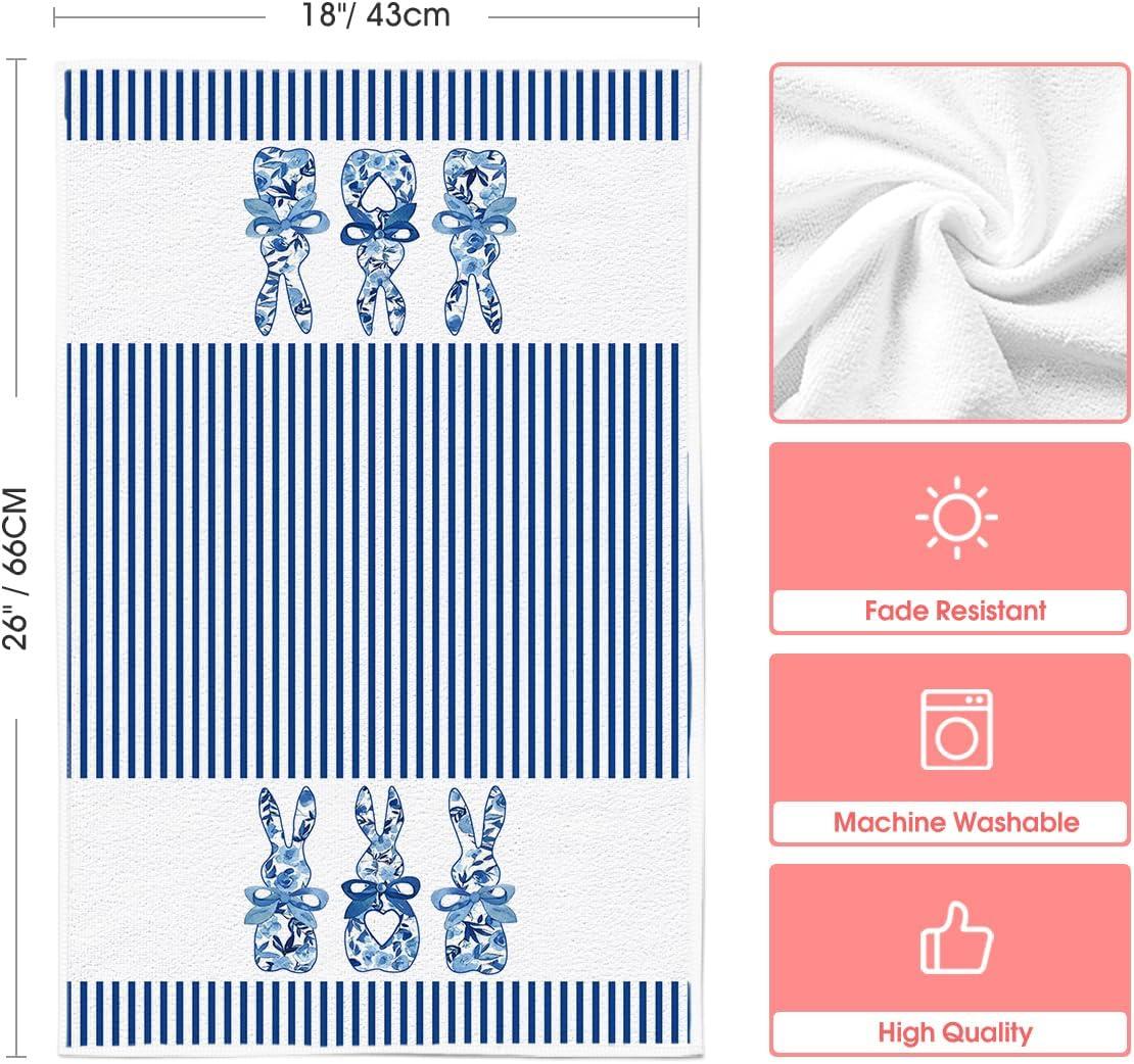 image:imageArtoid Mode Blue Stripe Rabbit Bunny Eggs Easter Kitchen Towels Dish Towels 18x26 Inch Seasonal Spring Decoration Cleaning Set of 2Blue