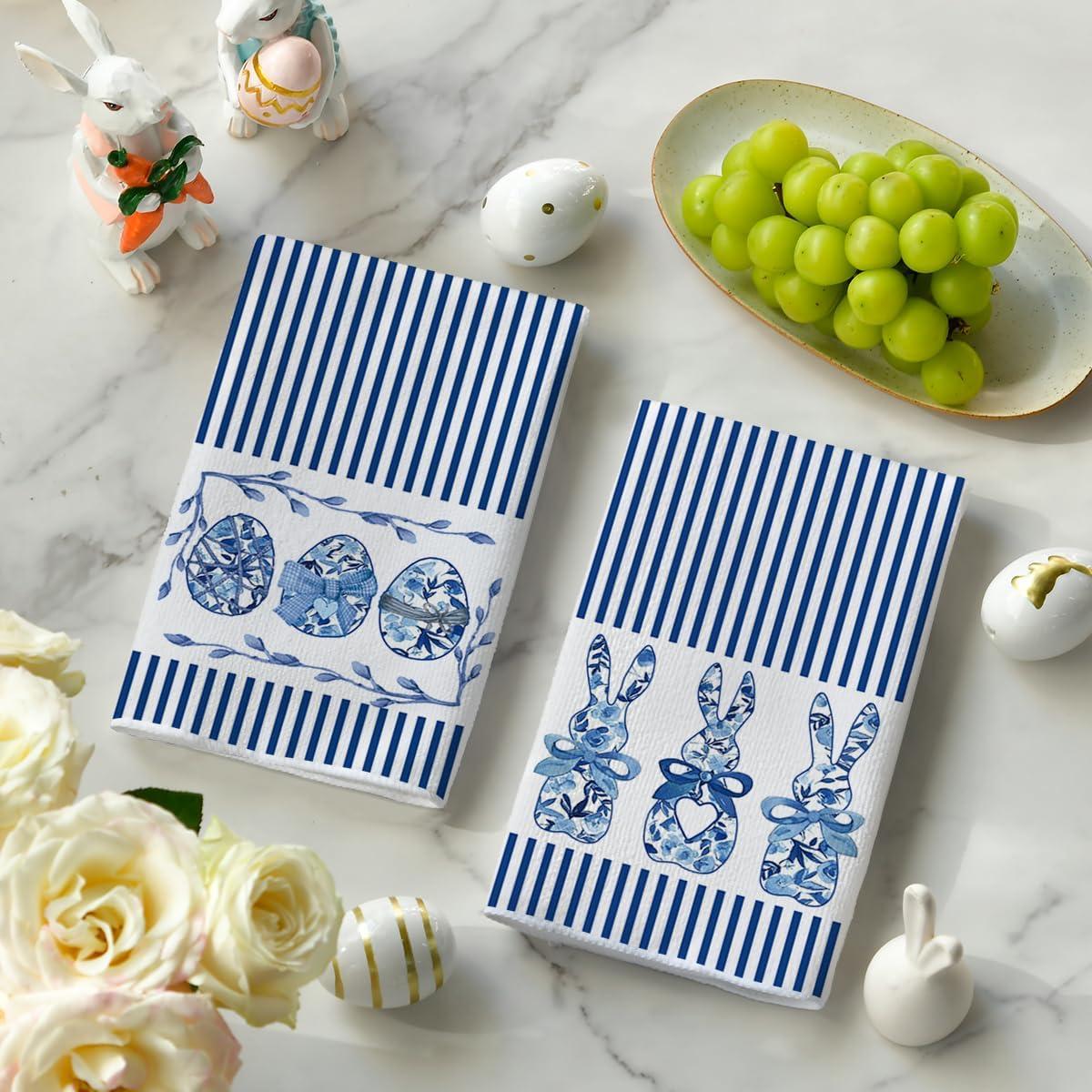 image:imageArtoid Mode Blue Stripe Rabbit Bunny Eggs Easter Kitchen Towels Dish Towels 18x26 Inch Seasonal Spring Decoration Cleaning Set of 2Blue