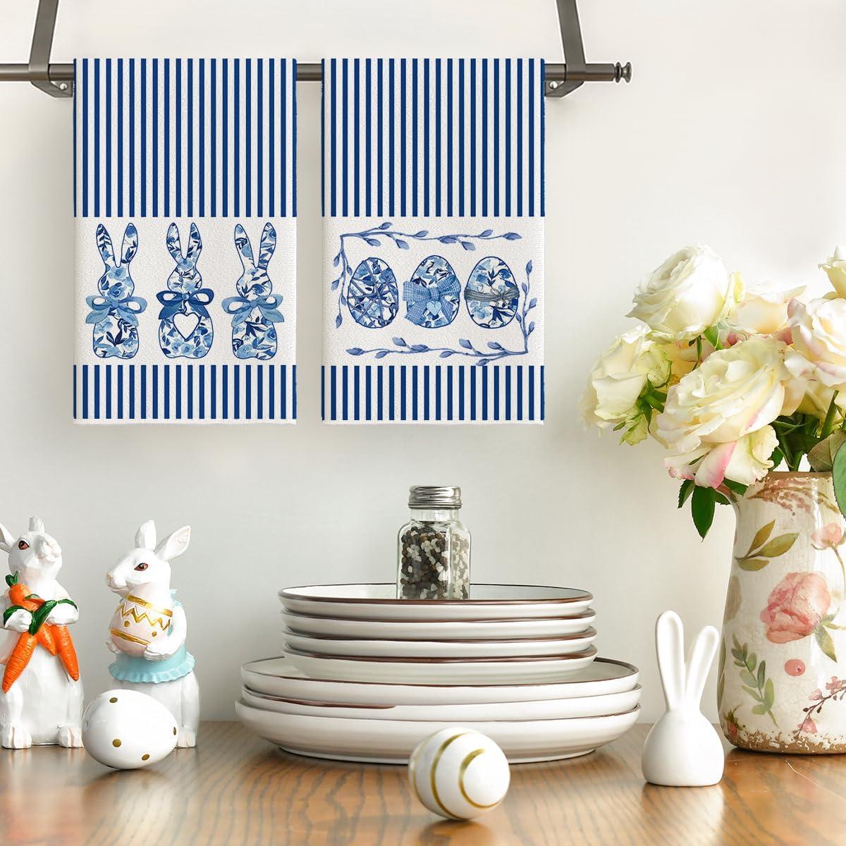 image:imageArtoid Mode Blue Stripe Rabbit Bunny Eggs Easter Kitchen Towels Dish Towels 18x26 Inch Seasonal Spring Decoration Cleaning Set of 2Blue