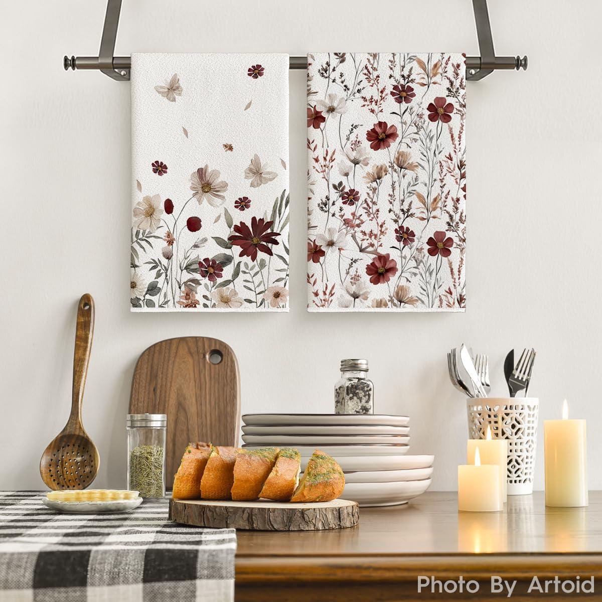 image:imageArtoid Mode Brown Flowers Wildflower Fall Kitchen Towels Dish Towels 18x26 Inch Farmhouse Autumn Decoration Hand Towels Set of 2