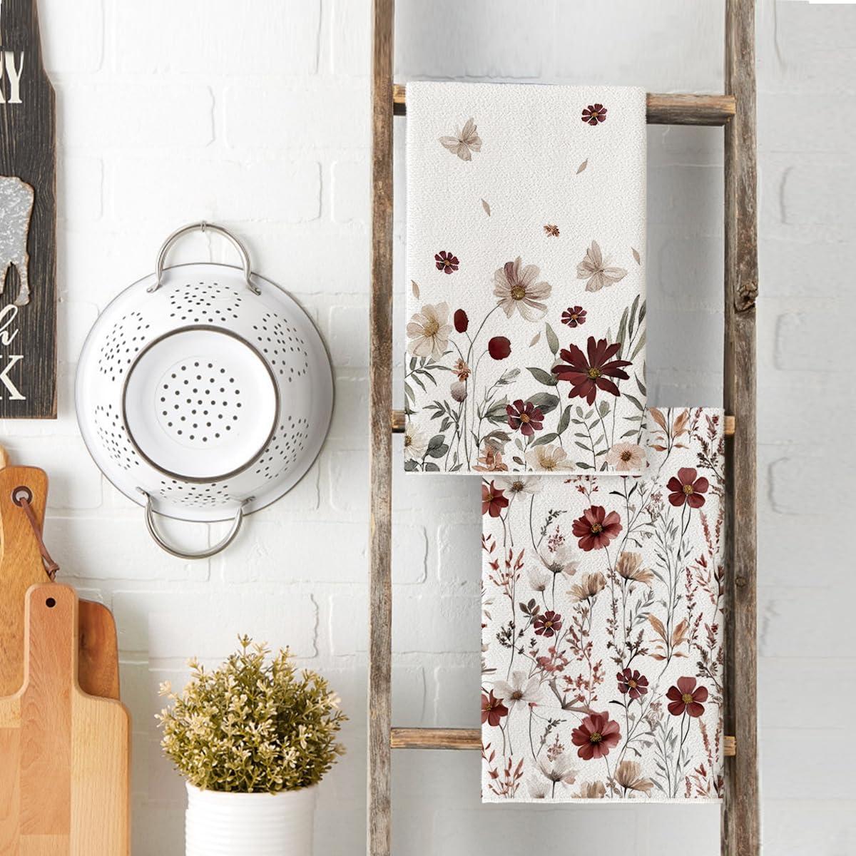 image:imageArtoid Mode Brown Flowers Wildflower Fall Kitchen Towels Dish Towels 18x26 Inch Farmhouse Autumn Decoration Hand Towels Set of 2