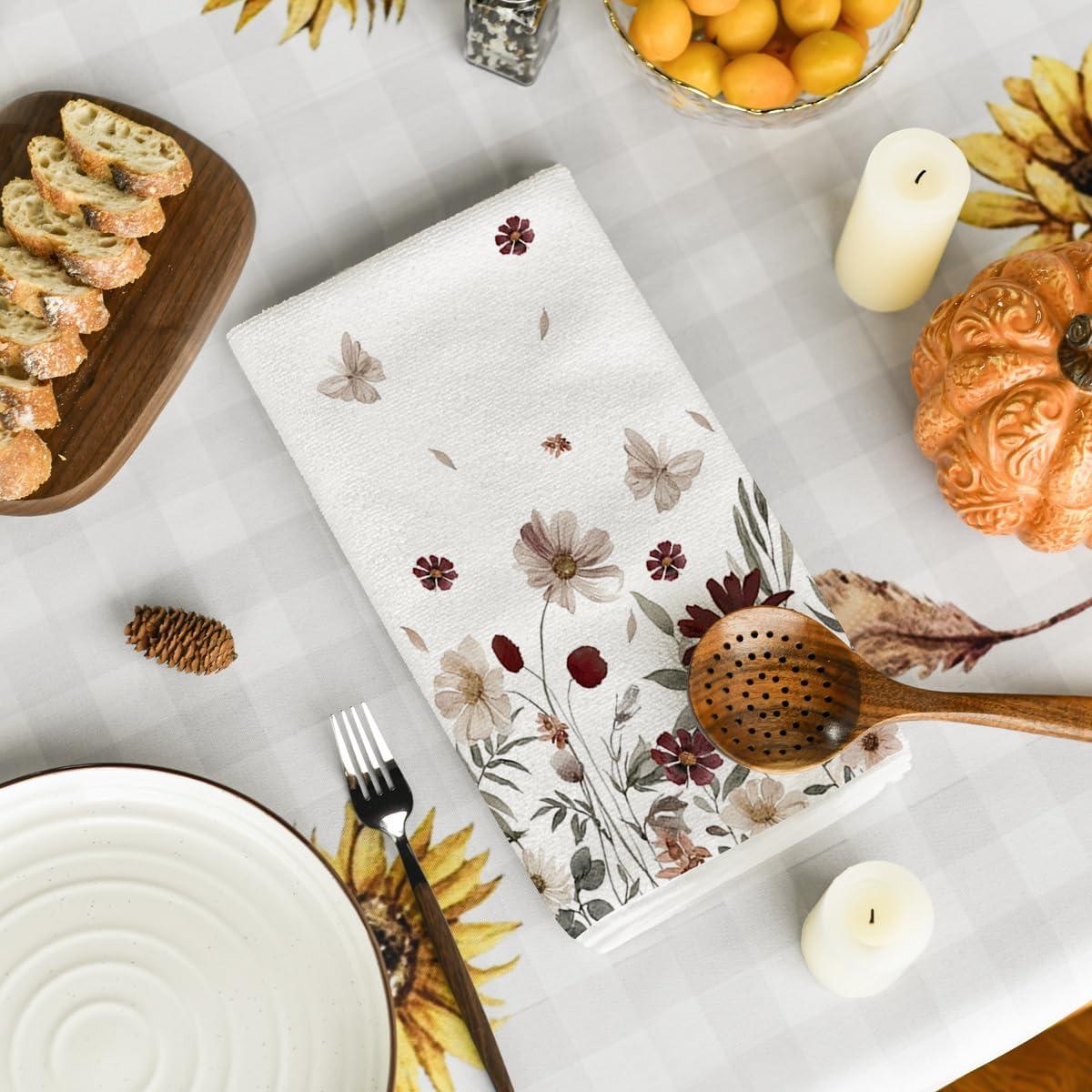 image:imageArtoid Mode Brown Flowers Wildflower Fall Kitchen Towels Dish Towels 18x26 Inch Farmhouse Autumn Decoration Hand Towels Set of 2