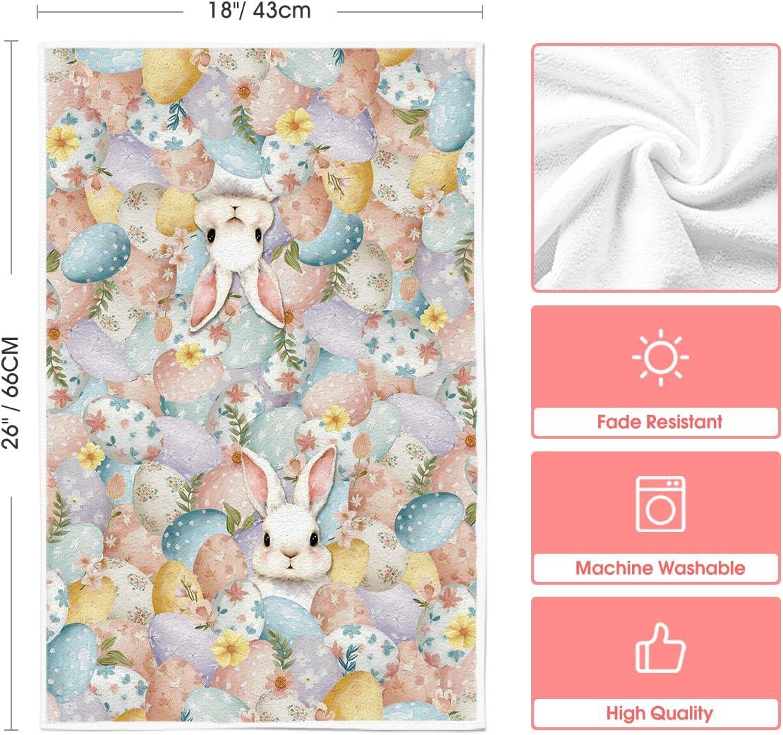 image:imageArtoid Mode Bunny Eggs Rabbit Leaves Flowers Happy Easter Spring Kitchen Towels Dish Towels 18x26 Inch Farmhouse Summer Decoration Cleaning Set of 2