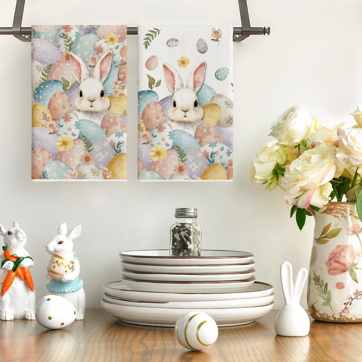 image:imageArtoid Mode Bunny Eggs Rabbit Leaves Flowers Happy Easter Spring Kitchen Towels Dish Towels 18x26 Inch Farmhouse Summer Decoration Cleaning Set of 2