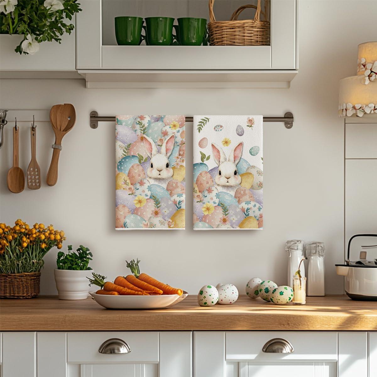 image:imageArtoid Mode Bunny Eggs Rabbit Leaves Flowers Happy Easter Spring Kitchen Towels Dish Towels 18x26 Inch Farmhouse Summer Decoration Cleaning Set of 2