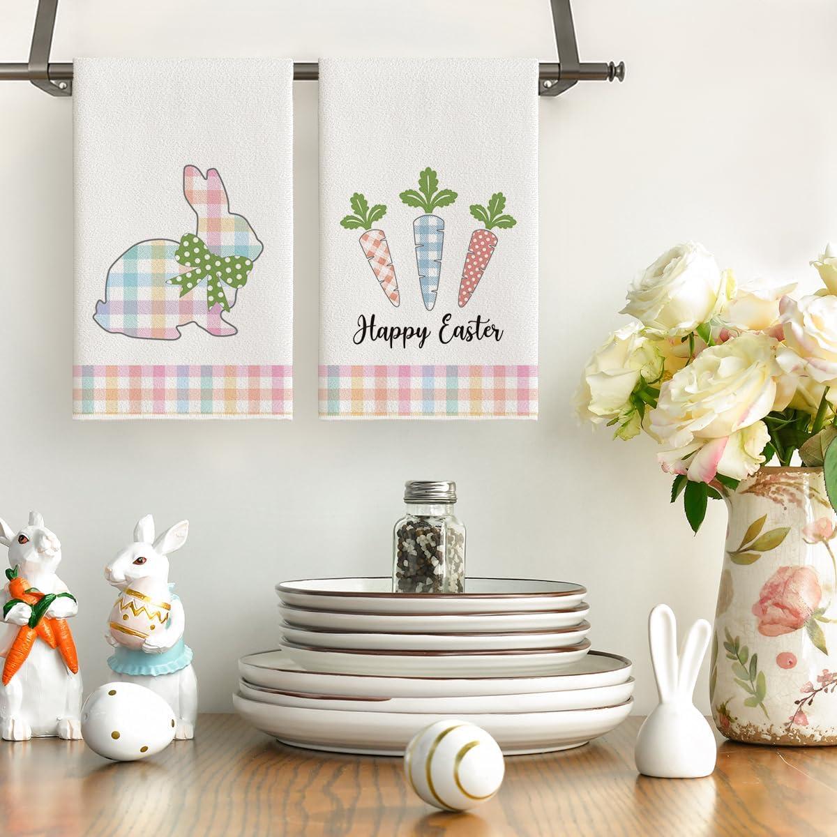 image:imageArtoid Mode Checkered Rabbit Bunny Carrots Happy Easter Kitchen Dish Towels18x26 Inch Seasonal Spring Decoration Cleaning Set of 2Colorful