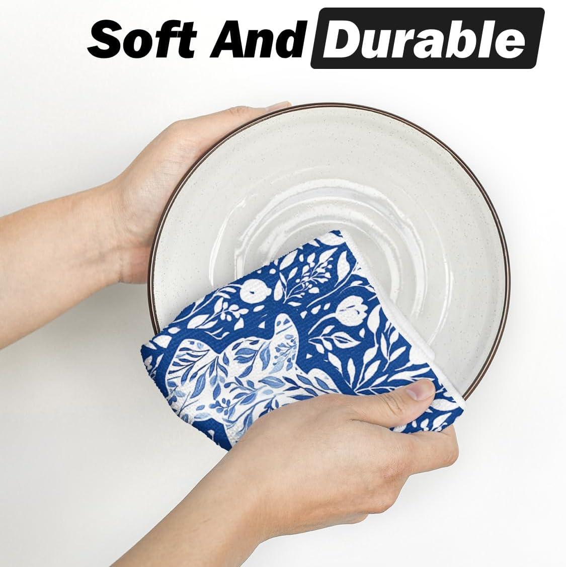image:imageArtoid Mode Chinoiserie Rabbit Bunny Eggs Easter Flower Kitchen Towels Dish Towels 18x26 Inch Seasonal Spring Decoration Cleaning Set of 2Dark Blue
