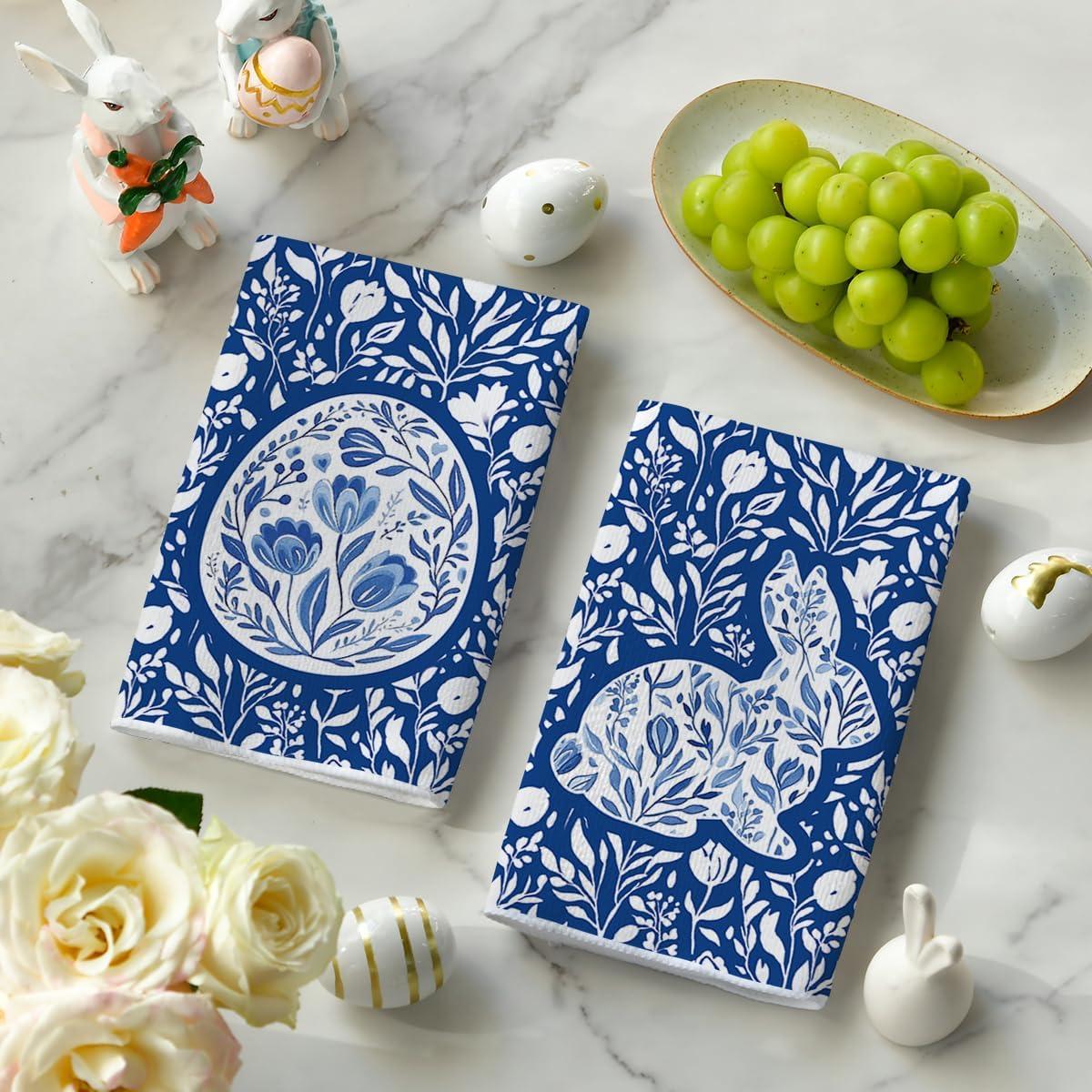 image:imageArtoid Mode Chinoiserie Rabbit Bunny Eggs Easter Flower Kitchen Towels Dish Towels 18x26 Inch Seasonal Spring Decoration Cleaning Set of 2Dark Blue