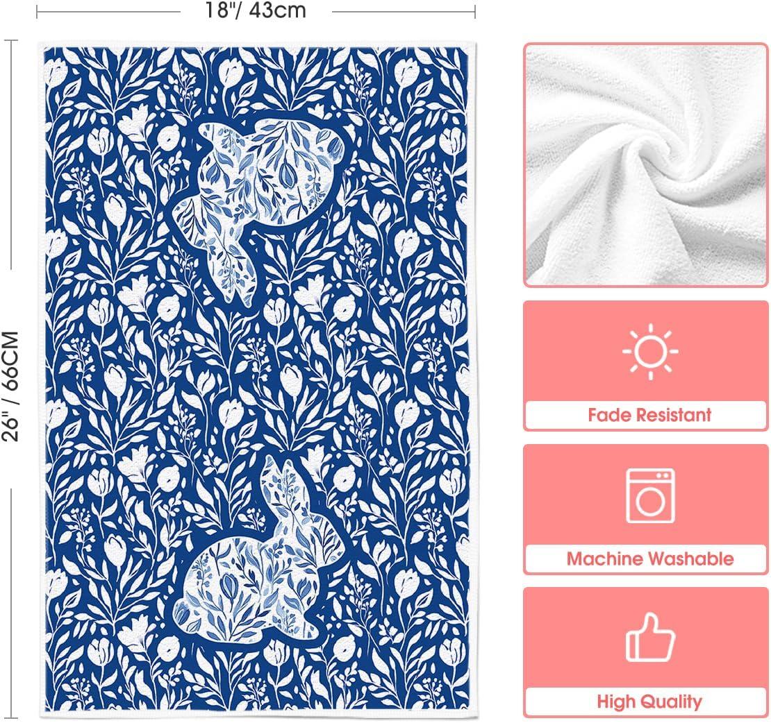 image:imageArtoid Mode Chinoiserie Rabbit Bunny Eggs Easter Flower Kitchen Towels Dish Towels 18x26 Inch Seasonal Spring Decoration Cleaning Set of 2Dark Blue