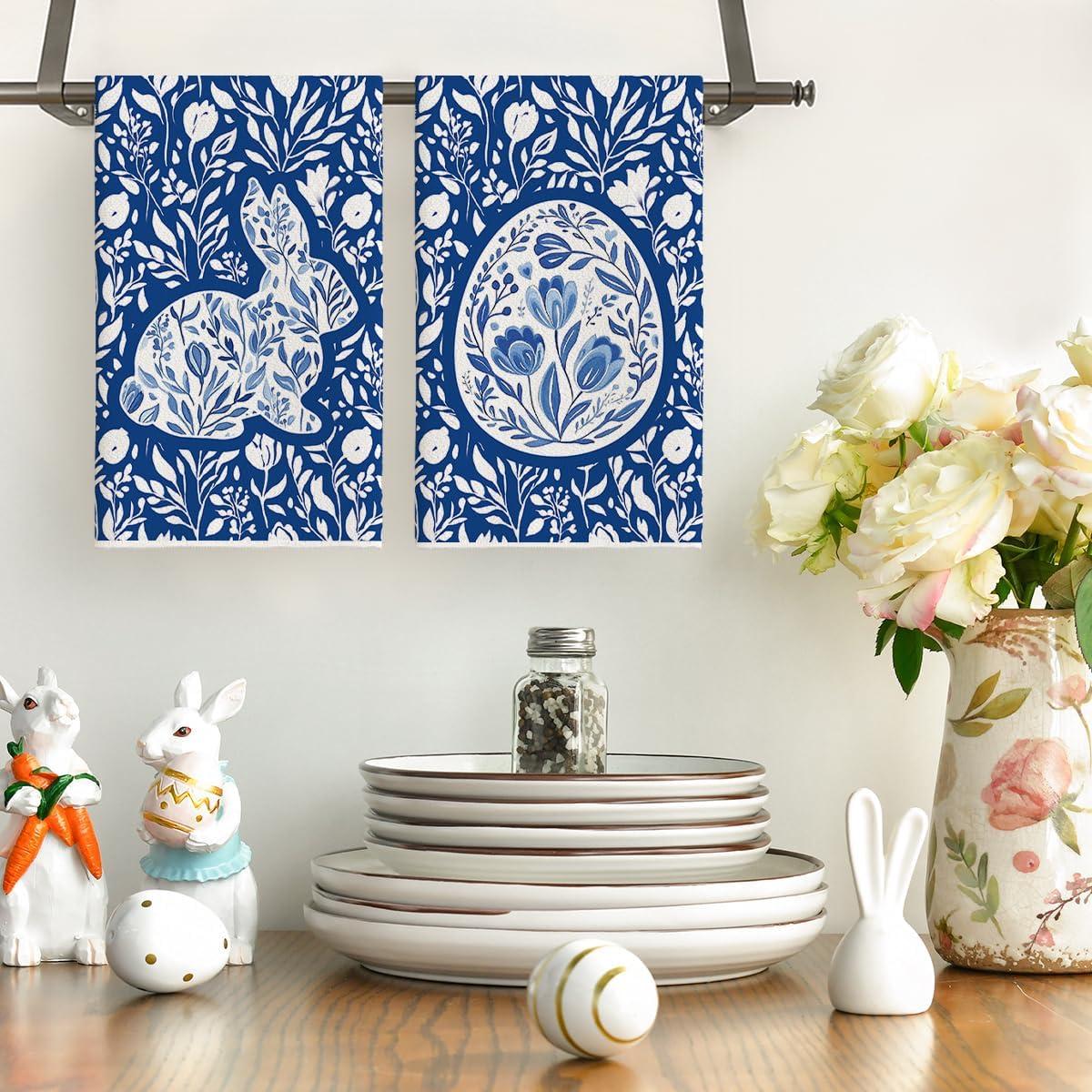 image:imageArtoid Mode Chinoiserie Rabbit Bunny Eggs Easter Flower Kitchen Towels Dish Towels 18x26 Inch Seasonal Spring Decoration Cleaning Set of 2Dark Blue