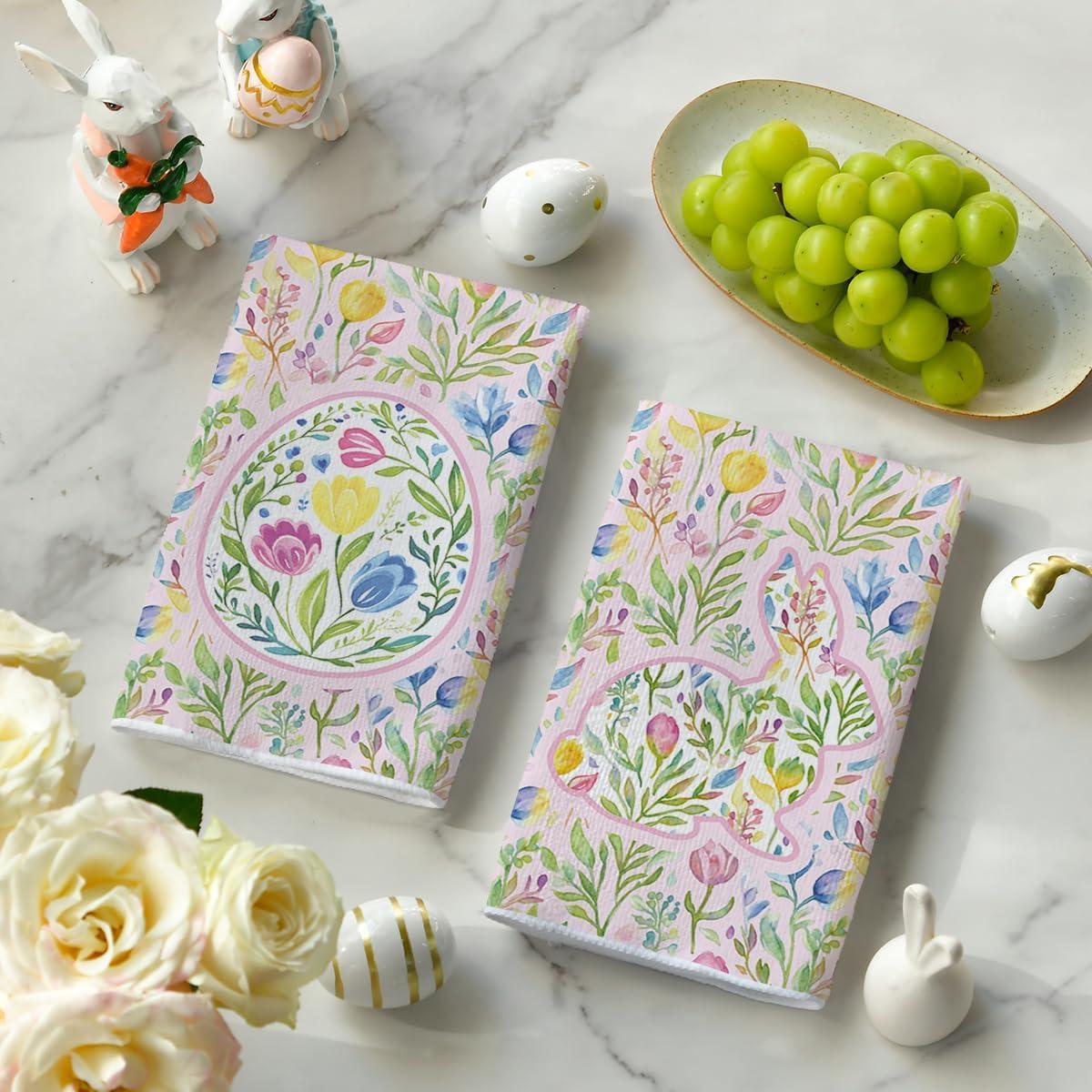 image:imageArtoid Mode Chinoiserie Rabbit Bunny Eggs Easter Flower Kitchen Towels Dish Towels 18x26 Inch Seasonal Spring Decoration Cleaning Set of 2PinkGrenn