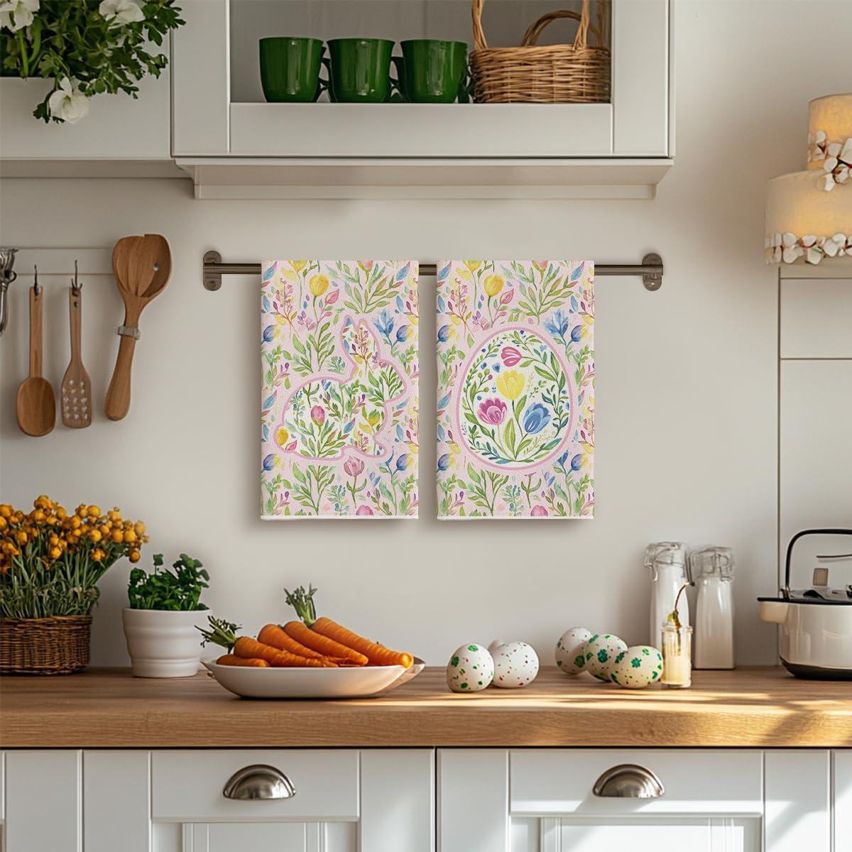 image:imageArtoid Mode Chinoiserie Rabbit Bunny Eggs Easter Flower Kitchen Towels Dish Towels 18x26 Inch Seasonal Spring Decoration Cleaning Set of 2PinkGrenn