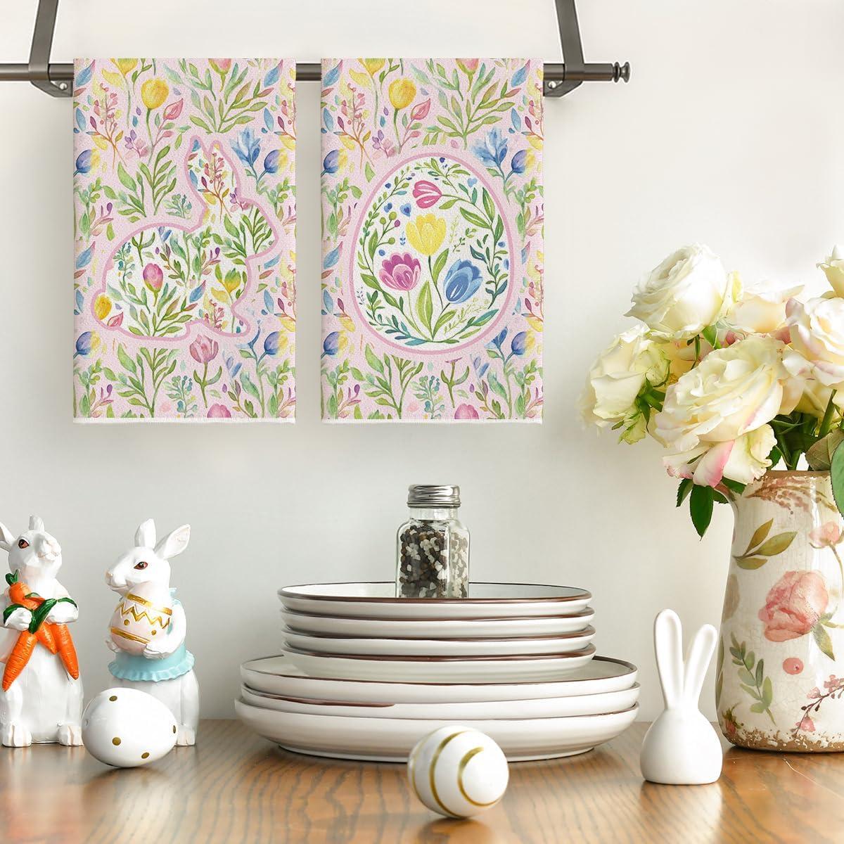 image:imageArtoid Mode Chinoiserie Rabbit Bunny Eggs Easter Flower Kitchen Towels Dish Towels 18x26 Inch Seasonal Spring Decoration Cleaning Set of 2PinkGrenn