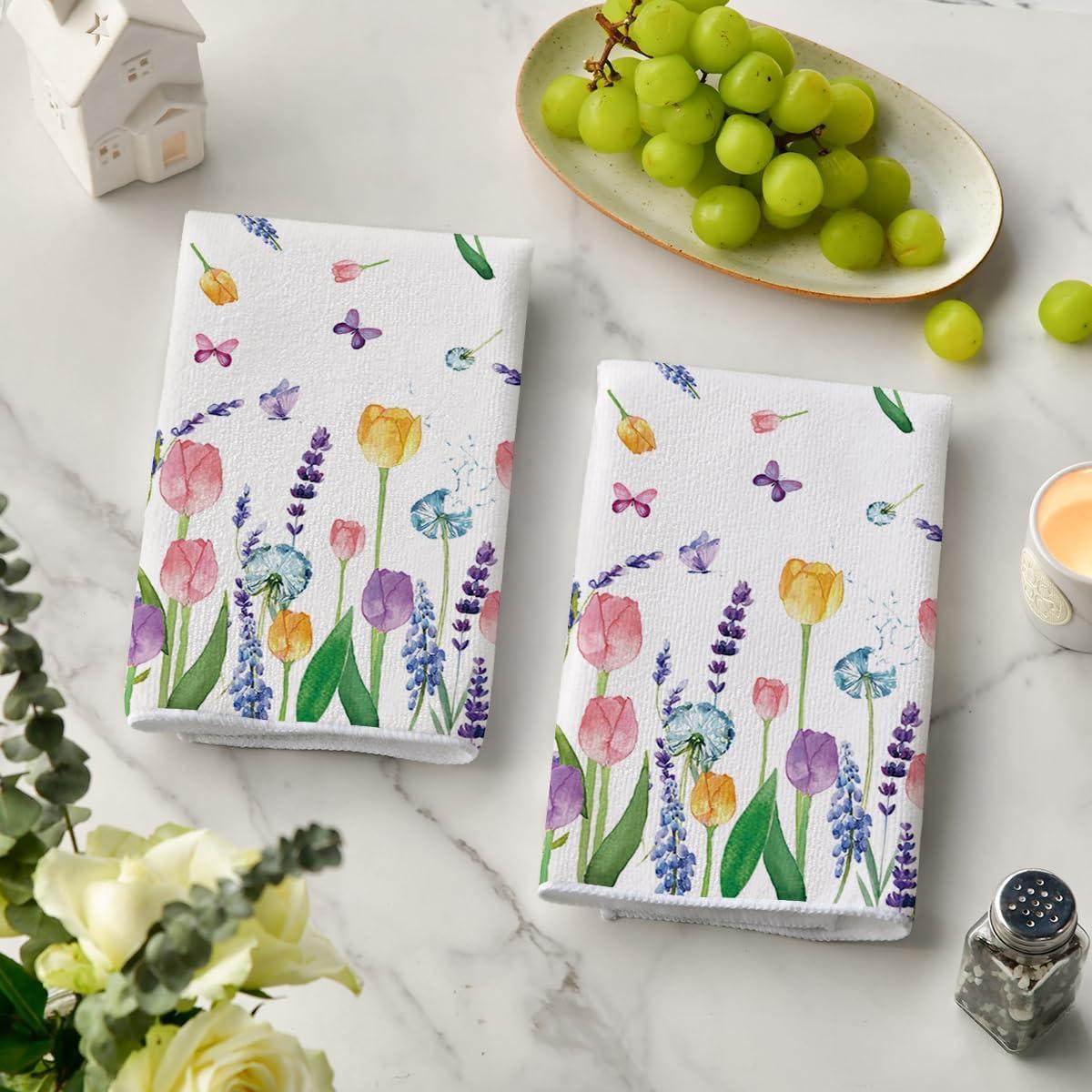 image:imageArtoid Mode Lavender Tulip Spring Kitchen Towels Dish Towels 18x26 Inch Daily Seasonal Summer Decoration Hand Towels Set of 2Beige
