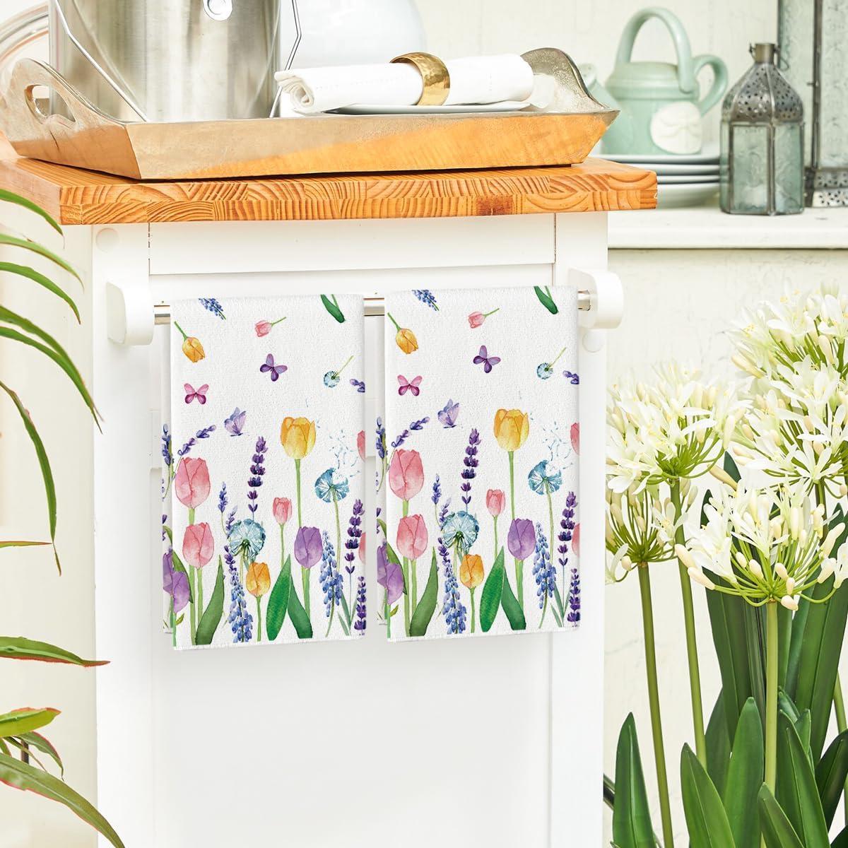 image:imageArtoid Mode Lavender Tulip Spring Kitchen Towels Dish Towels 18x26 Inch Daily Seasonal Summer Decoration Hand Towels Set of 2Beige